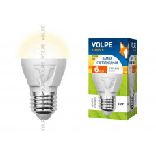 Лампа светодиодная Volpe LED-G45-6W/WW/E27/FR/S Форма шар, матовая колба. Материал корпуса термопластик. Цвет свечения теплый белый. Серия Simple