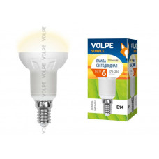 Лампа светодиодная Volpe LED-R50-6W/WW/E14/FR/S Форма Рефлектор, матовая колба. Материал корпуса термопластик. Цвет свечения теплый белый. Серия Simple. Упаковка картон