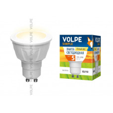 Лампа светодиодная Volpe LED-JCDR-5W/WW/GU10/45D/S Форма JCDR, матовый рассеиватель. Материал корпуса термопластик. Цвет свечения теплый белый. Серия Simple