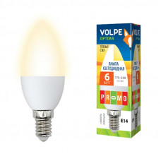 Лампа светодиодная Volpe LED-C37-6W/WW/E14/FR/O Форма свеча, матовая колба. Материал корпуса пластик. Цвет свечения теплый белый. Серия Optima.
