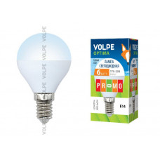 Лампа светодиодная Volpe LED-G45-6W/NW/E14/FR/O Форма шар, матовая колба. Материал корпуса пластик. Цвет свечения белый. Серия Optima