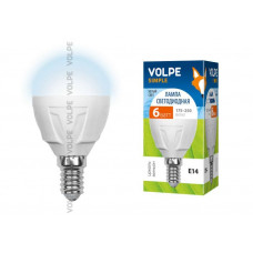Лампа светодиодная Volpe LED-G45-6W/NW/E14/FR/S Форма шар, матовая колба. Материал корпуса термопластик. Цвет свечения белый. Серия Simple
